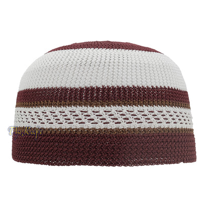 White And Maroon with Rust Brown Stripes & Dotted Lines Nylon Stretchy Textured Kufi Hat Skullcap