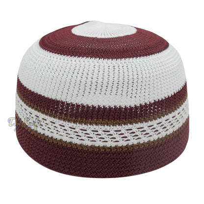 White And Maroon with Rust Brown Stripes & Dotted Lines Nylon Stretchy Textured Kufi Hat Skullcap