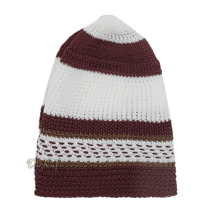 Topi Kufi Bertekstur Elastis Nilon Putih dan Marun dengan Garis-garis Coklat Karat &amp; Garis Putus-putus