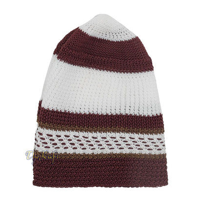 White and Maroon with Rust Brown Stripes & Dotted Lines Nylon Stretchy Textured Kufi Hat Skullcap