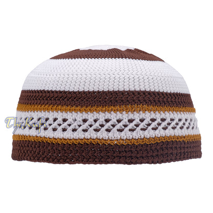 Topi Tengkorak Muslim Kufi Topi Melar Nilon Bergaris Coklat Tua, Putih, Coklat Tua, Coklat Karat
