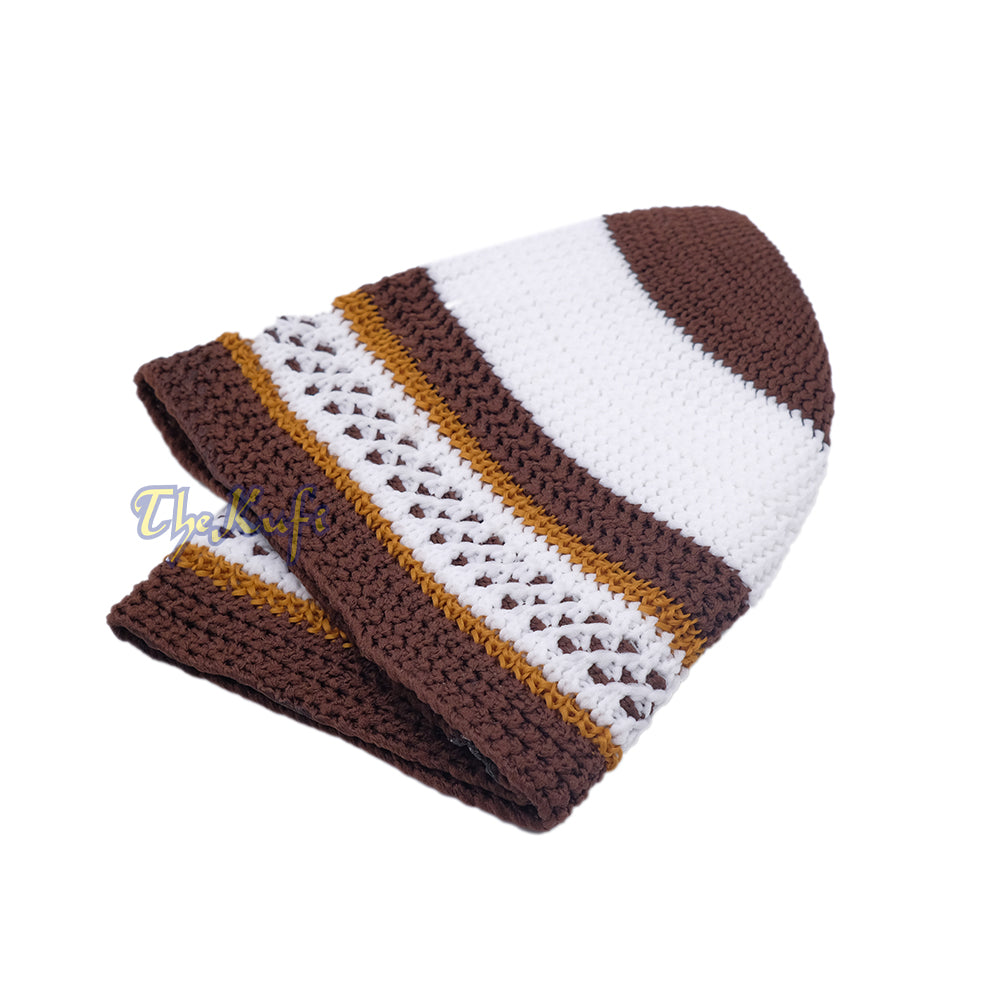 Topi Tengkorak Muslim Kufi Topi Melar Nilon Bergaris Coklat Tua, Putih, Coklat Tua, Coklat Karat