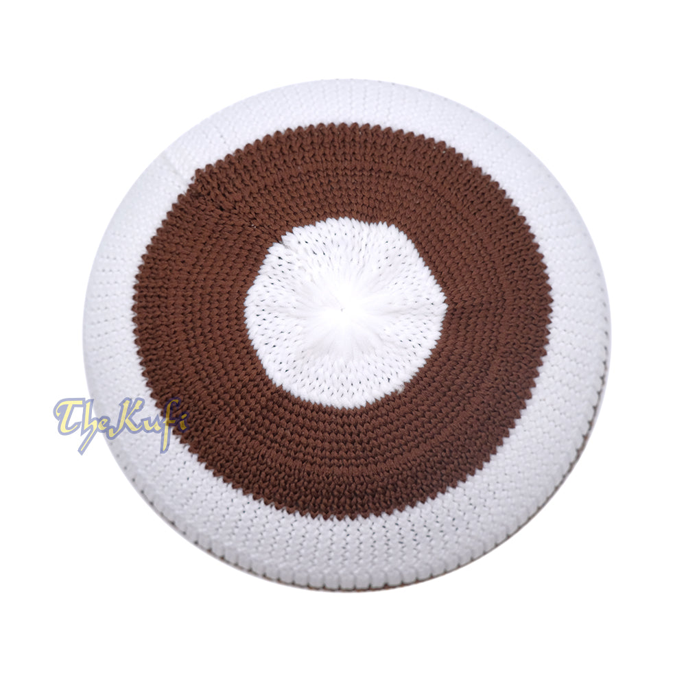 Topi Tengkorak Muslim Kufi Topi Melar Nilon Bergaris Coklat Tua, Putih, Coklat Tua, Coklat Karat