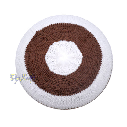 Topi Tengkorak Muslim Kufi Topi Melar Nilon Bergaris Coklat Tua, Putih, Coklat Tua, Coklat Karat