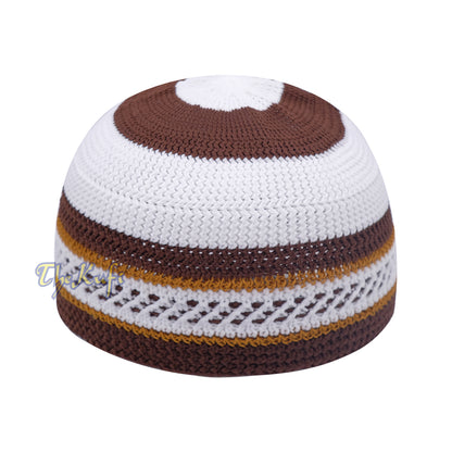 White, Dark Brown, Rust Brown Stripe Nylon Stretchy Kufi Topi Moslem Skull Cap