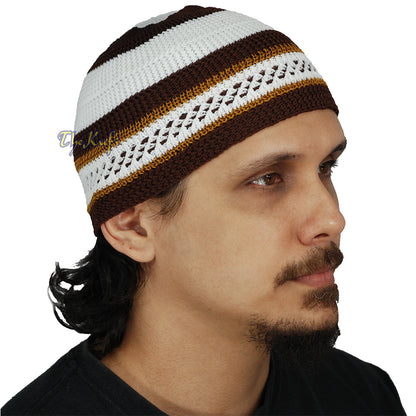 Topi Tengkorak Muslim Kufi Topi Melar Nilon Bergaris Coklat Tua, Putih, Coklat Tua, Coklat Karat