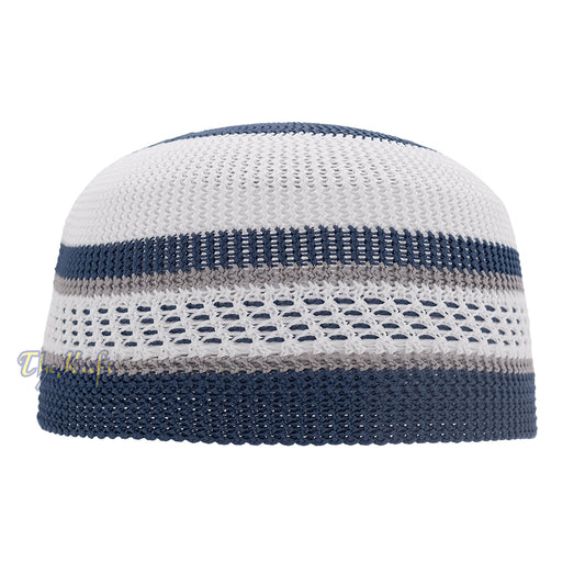 White And Navy Blue with Grey Stripes & Dotted Lines Nylon Stretchy Textured Kufi Hat Skullcap