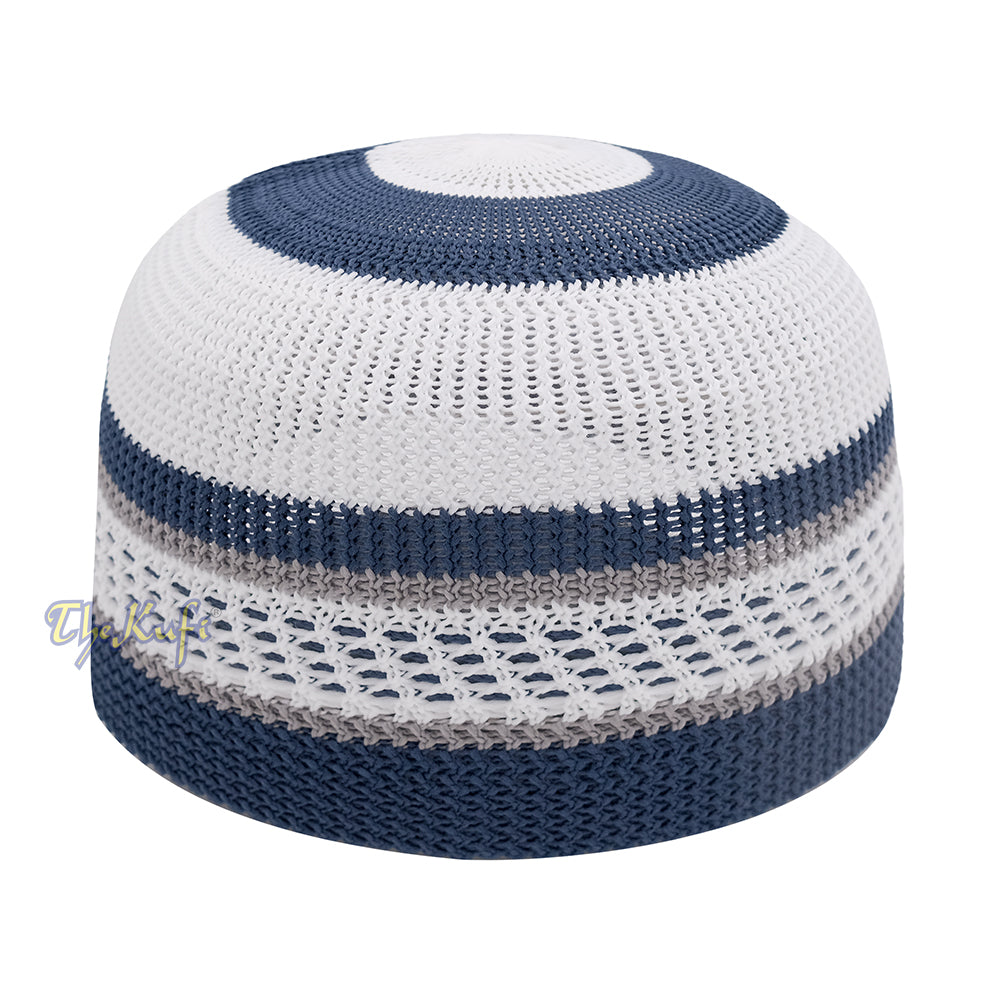 White And Navy Blue with Grey Stripes & Dotted Lines Nylon Stretchy Textured Kufi Hat Skullcap