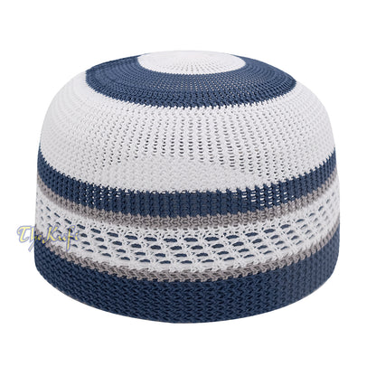 White And Navy Blue with Grey Stripes & Dotted Lines Nylon Stretchy Textured Kufi Hat Skullcap