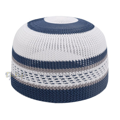 White and Navy Blue with Gray Stripes & Dotted Lines Nylon Stretchy Textured Kufi Hat Skullcap