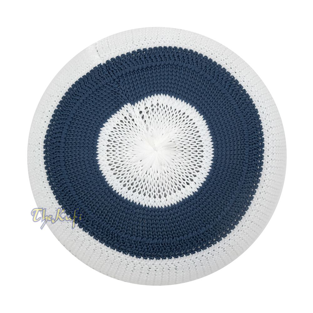 White and Navy Blue with Gray Stripes & Dotted Lines Nylon Stretchy Textured Kufi Hat Skullcap