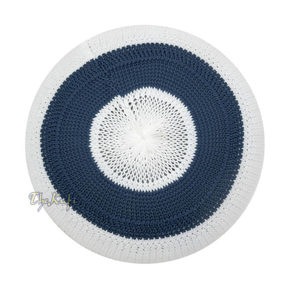 White and Navy Blue with Gray Stripes & Dotted Lines Nylon Stretchy Textured Kufi Hat Skullcap