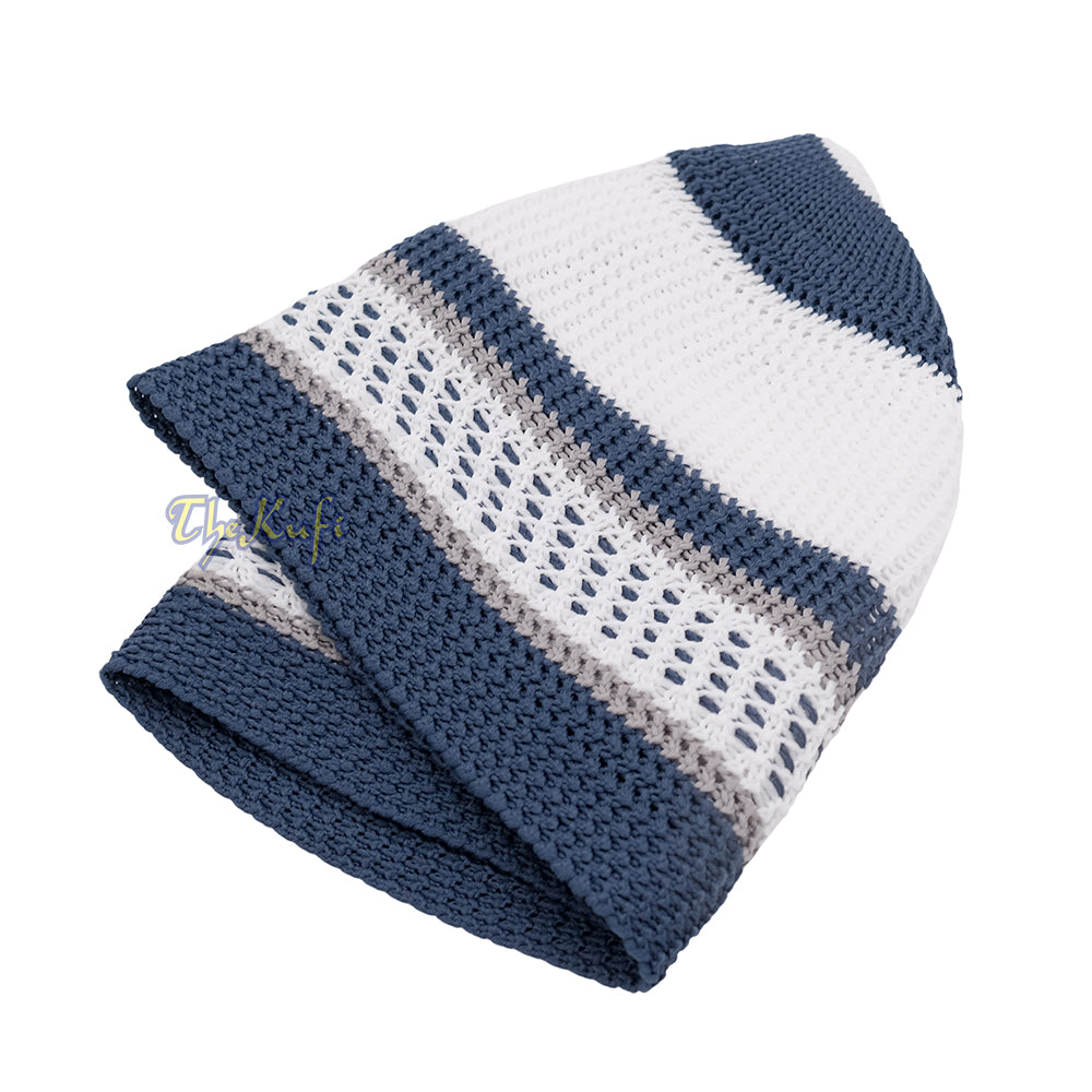 White And Navy Blue with Grey Stripes & Dotted Lines Nylon Stretchy Textured Kufi Hat Skullcap