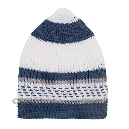 White and Navy Blue with Gray Stripes & Dotted Lines Nylon Stretchy Textured Kufi Hat Skullcap