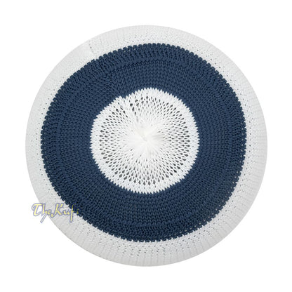 White and Navy Blue with Light Brown Stripes & Dotted Lines Nylon Stretchy Textured Kufi Hat Skullcap