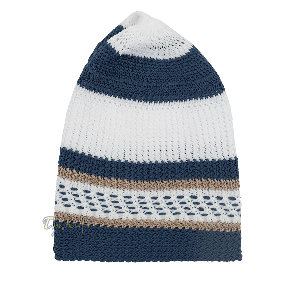 White and Navy Blue with Light Brown Stripes & Dotted Lines Nylon Stretchy Textured Kufi Hat Skullcap