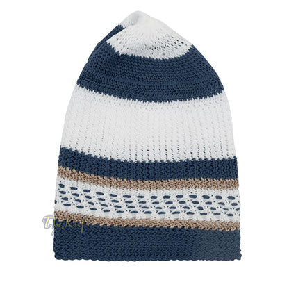 White and Navy Blue with Light Brown Stripes & Dotted Lines Nylon Stretchy Textured Kufi Hat Skullcap