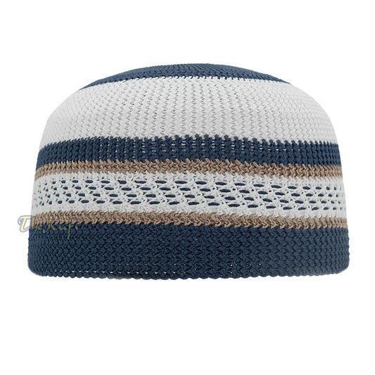 White and Navy Blue with Light Brown Stripes & Dotted Lines Nylon Stretchy Textured Kufi Hat Skullcap