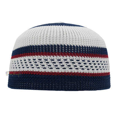 White And Navy Blue with Maroon Stripes & Dotted Lines Nylon Stretchy Textured Kufi Hat Skullcap