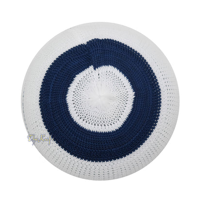 White And Navy Blue with Maroon Stripes & Dotted Lines Nylon Stretchy Textured Kufi Hat Skullcap