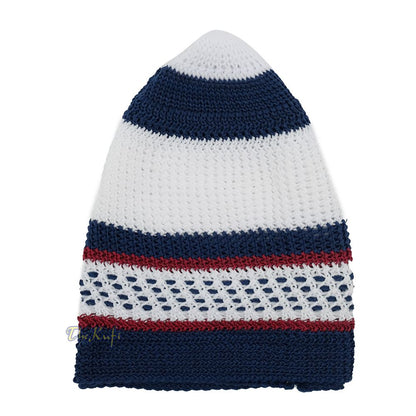 White and Navy Blue with Maroon Stripes & Dotted Lines Nylon Stretchy Textured Kufi Hat Skullcap