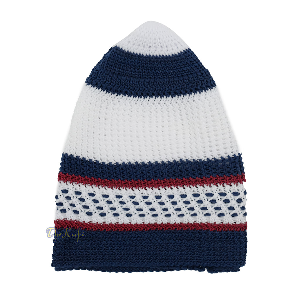 White and Navy Blue with Maroon Stripes & Dotted Lines Nylon Stretchy Textured Kufi Hat Skullcap