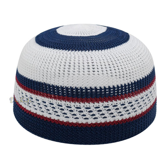 White and Navy Blue with Maroon Stripes & Dotted Lines Nylon Stretchy Textured Kufi Hat Skullcap