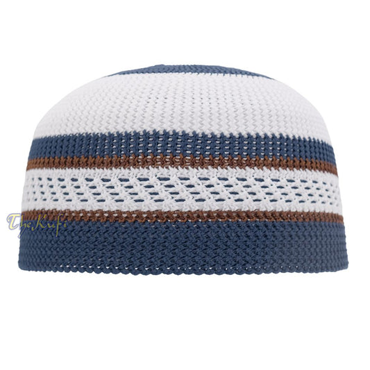 White and Navy Blue with Rust Brown Stripes & Dotted Lines Nylon Stretchy Textured Kufi Hat Skullcap