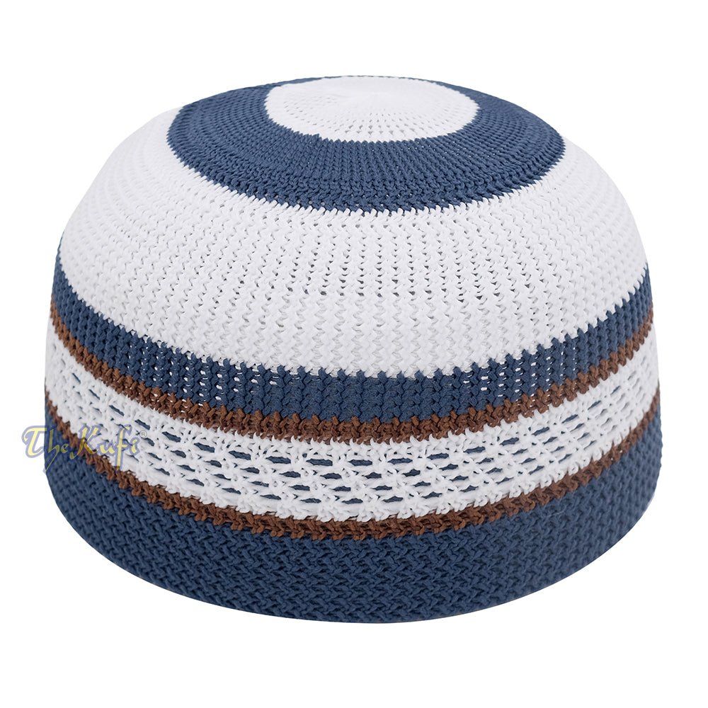 White And Navy Blue with Rust Brown Stripes & Dotted Lines Nylon Stretchy Textured Kufi Hat Skullcap