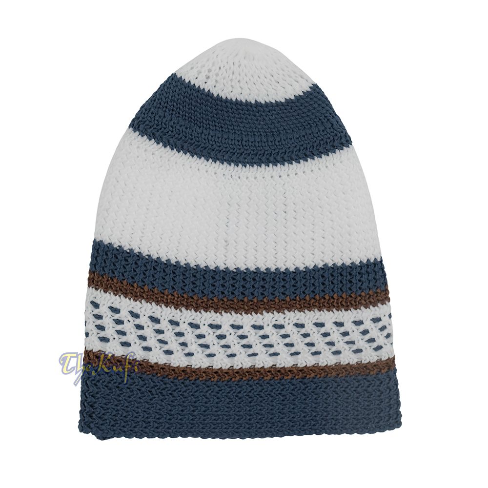 White and Navy Blue with Rust Brown Stripes & Dotted Lines Nylon Stretchy Textured Kufi Hat Skullcap