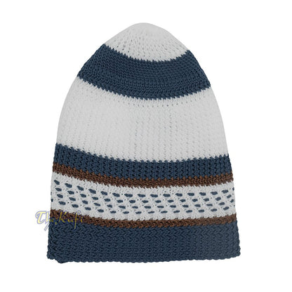 White and Navy Blue with Rust Brown Stripes & Dotted Lines Nylon Stretchy Textured Kufi Hat Skullcap
