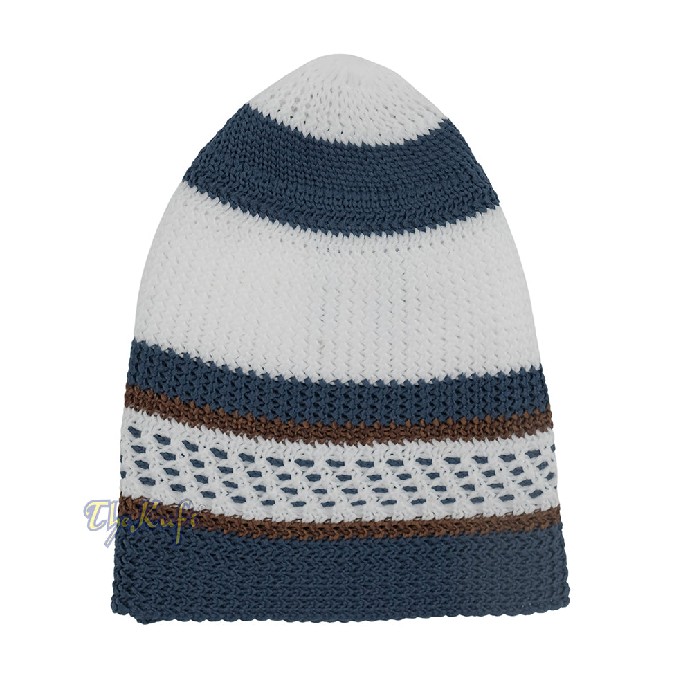 White and Navy Blue with Rust Brown Stripes & Dotted Lines Nylon Stretchy Textured Kufi Hat Skullcap