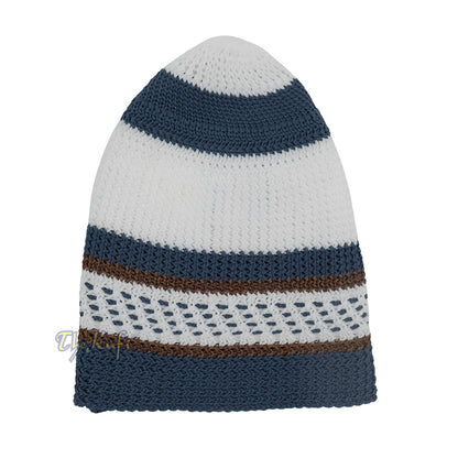 White and Navy Blue with Rust Brown Stripes & Dotted Lines Nylon Stretchy Textured Kufi Hat Skullcap