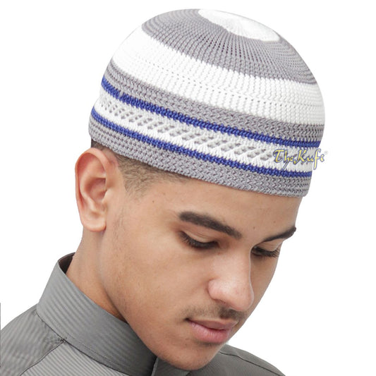 Islami Putih dan Abu-abu dengan Garis-garis Biru Laut Nilon Bertekstur Melar Topi Kufi Kopiah Topi Skullie