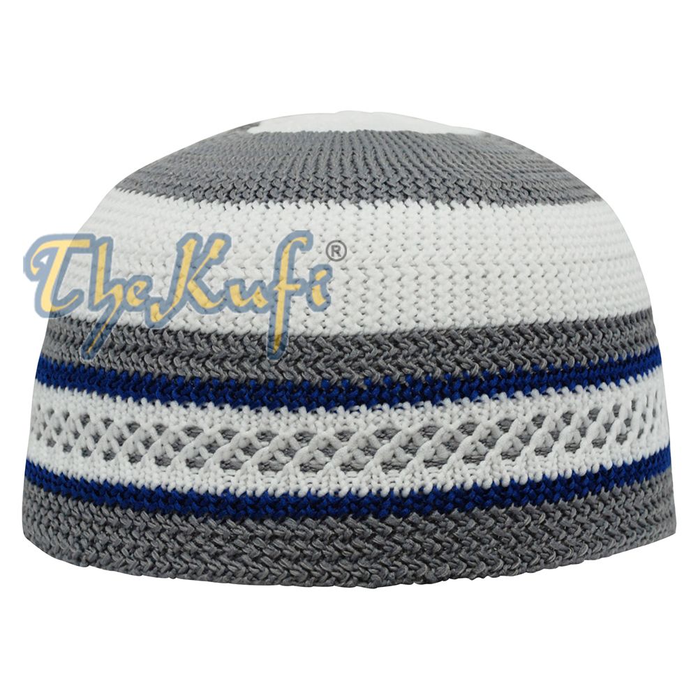 Islamic White and Gray with Navy-Blue Stripes Nylon Stretchy Textured Kufi Hat Skullcap Topi Skullie