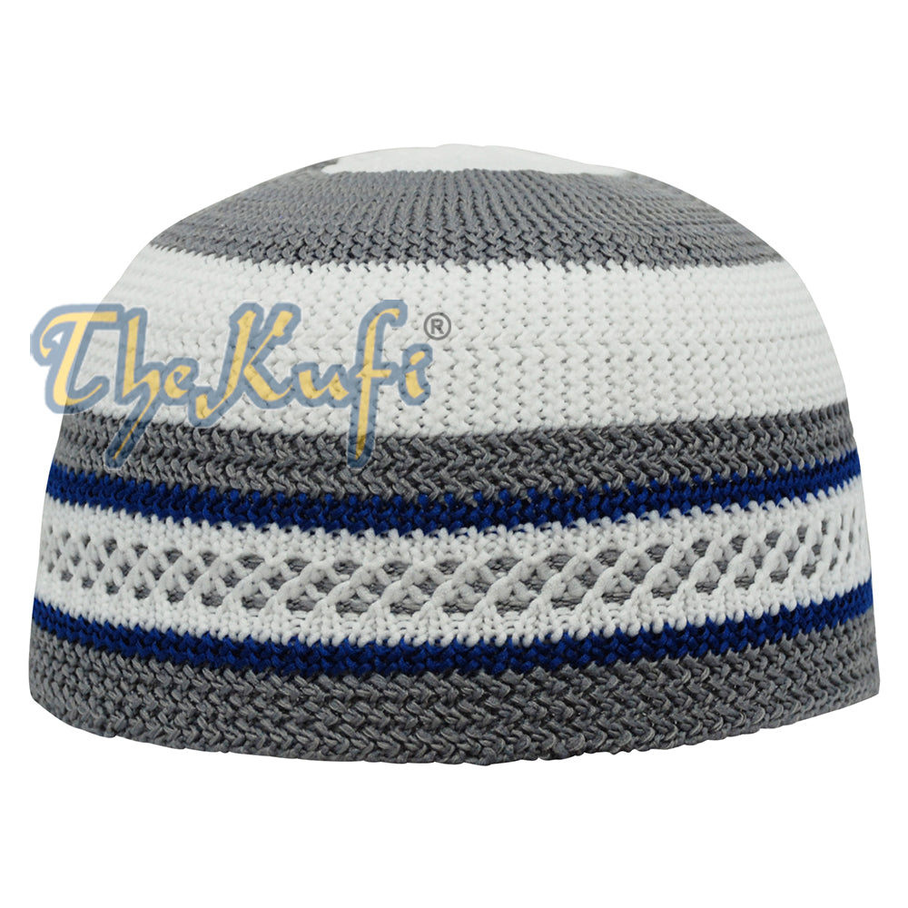 Putih dan Kelabu Islamik dengan Belang Biru Laut Nilon Bertekstur Tengkorak Topi Kufi Tengkorak Topi Skullie