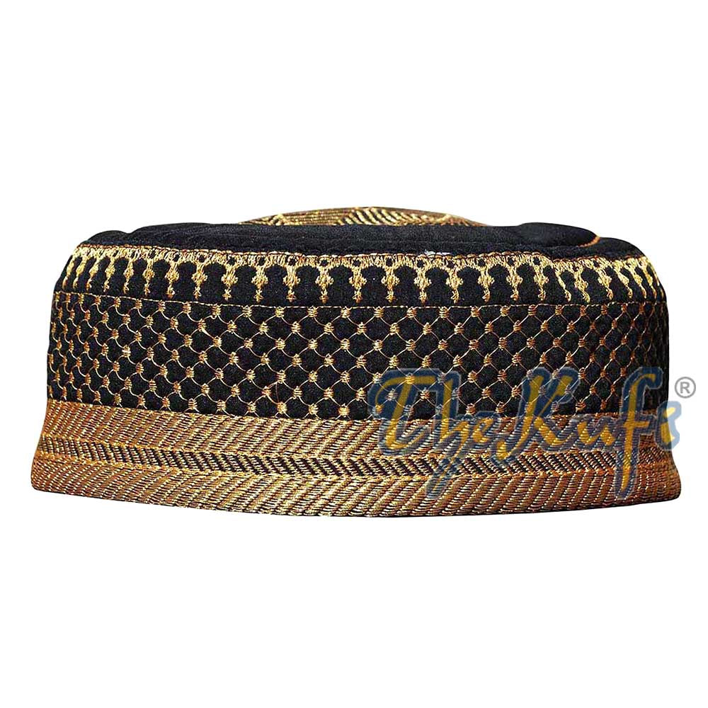 Black Padded Hat With Unique Gold Embroidery