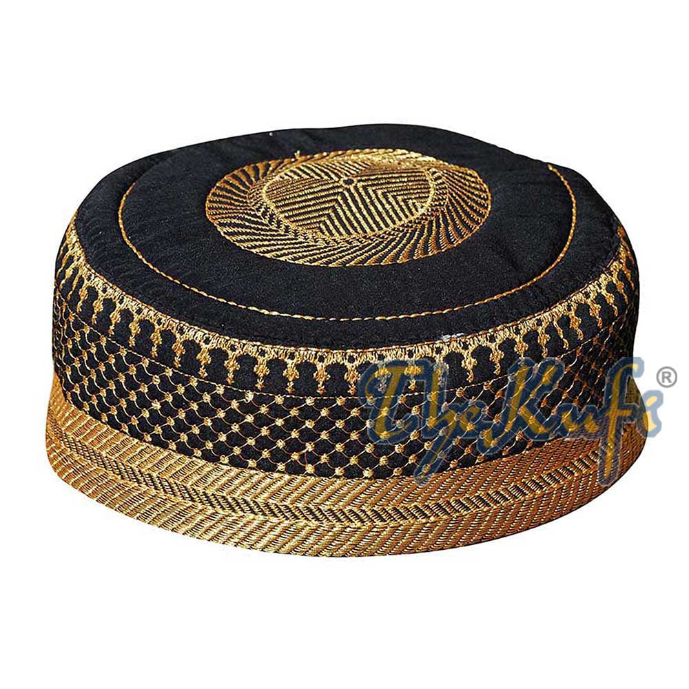 Black Padded Hat With Unique Gold Embroidery