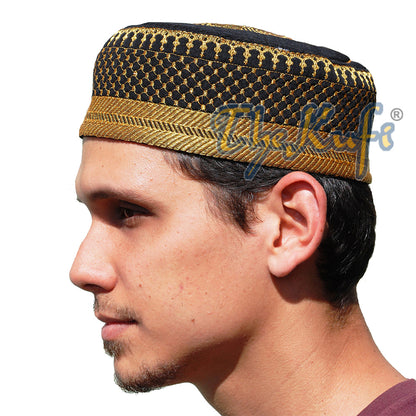 Black Padded Hat With Unique Gold Embroidery