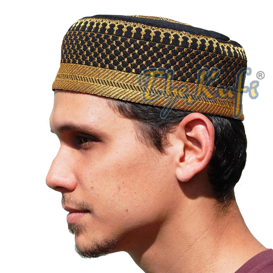 Black Padded Hat with Unique Gold Embroidery