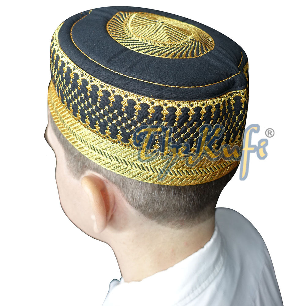 Black Padded Hat With Unique Gold Embroidery