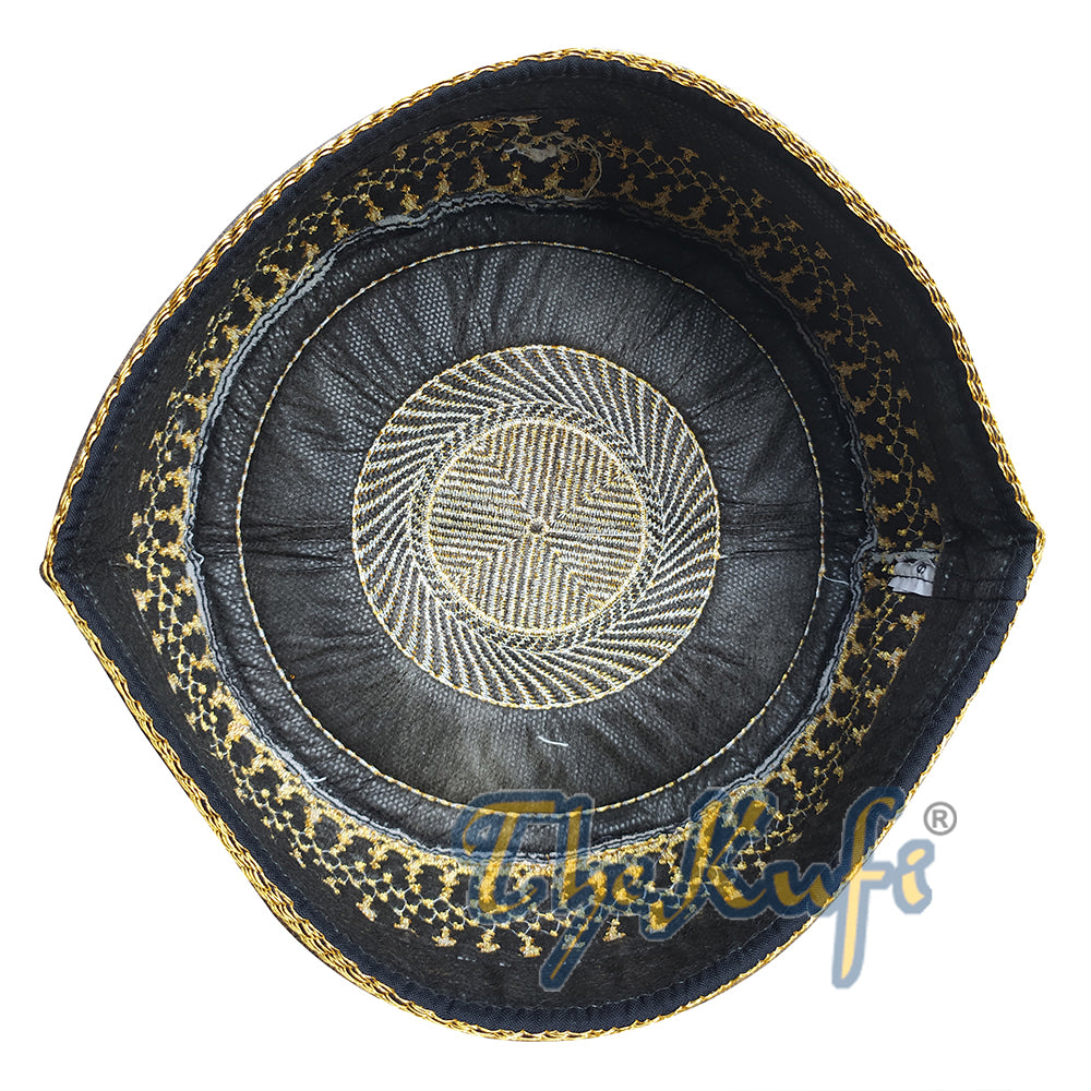 Black Padded Hat With Unique Gold Embroidery