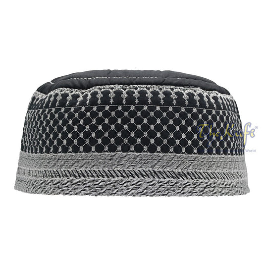 Black Quilted Hat with Unique Silver Embroidery