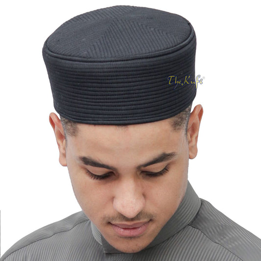 Black Semi-rigid Kufi Cap Padded Round-top Straight-stitch Prayer Hat