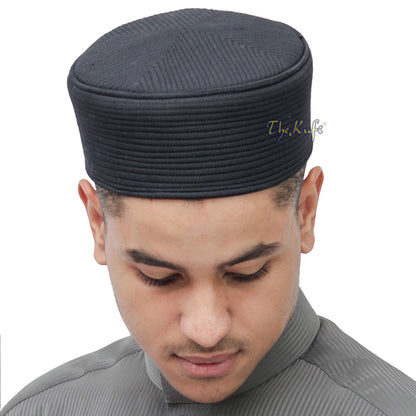 Black Semi-Rigid Kufi Cap Padded Round-Top Straight-Stitch Prayer Hat