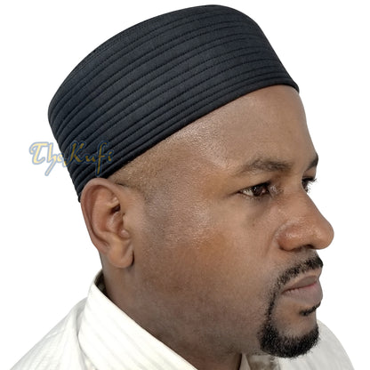 Black Semi-Rigid Kufi Cap Padded Round-Top Straight-Stitch Prayer Hat