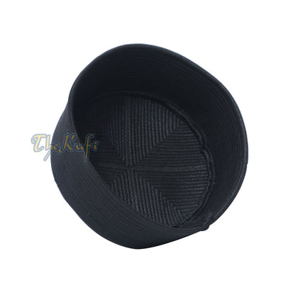 Black Semi-Rigid Kufi Cap Padded Round-Top Straight-Stitch Prayer Hat
