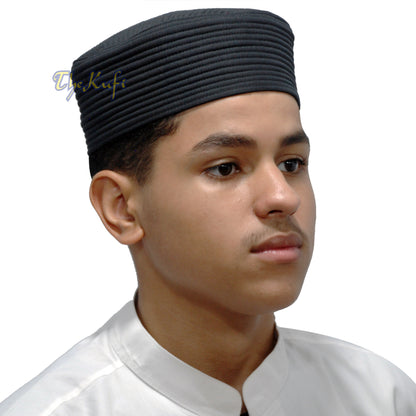 Black Kufi Cap Padded Rounded-Top Straight-Stitch Design Islamic Wardrobe Prayer Hat