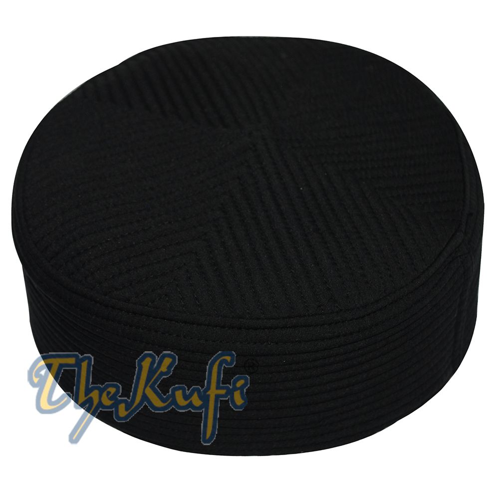 Black Kufi Cap Padded Rounded-Top Straight-Stitch Design Islamic Wardrobe Prayer Hat