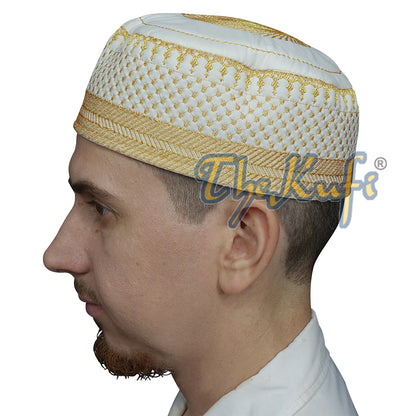 Light Cream Muslim Kufi Hat – Handcrafted Metallic Gold-Tone Thread Embroidery Thinly Padded Soft Prayer Cap – Topi Peci Taqiya Takke